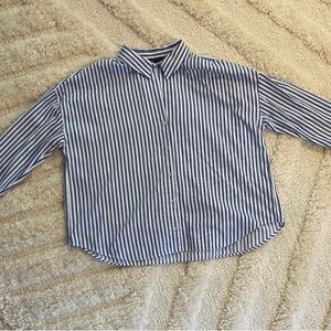 Zara Women's Blue and White Striped Button-Down Shirt